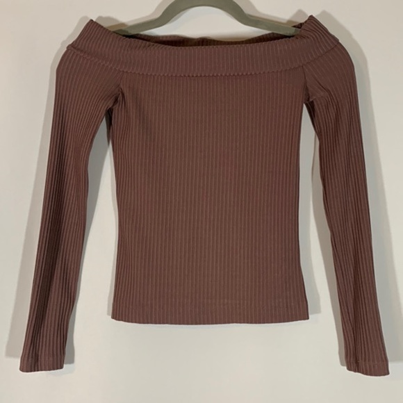 Wilfred Tops - Wilfred Brown Ribbed Off Shoulder Long Sleeve Crop Top